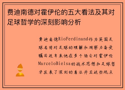 费迪南德对霍伊伦的五大看法及其对足球哲学的深刻影响分析