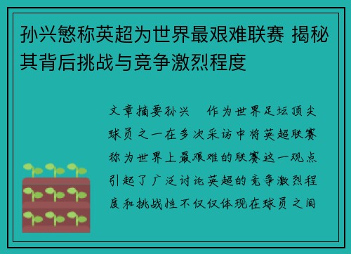 孙兴慜称英超为世界最艰难联赛 揭秘其背后挑战与竞争激烈程度